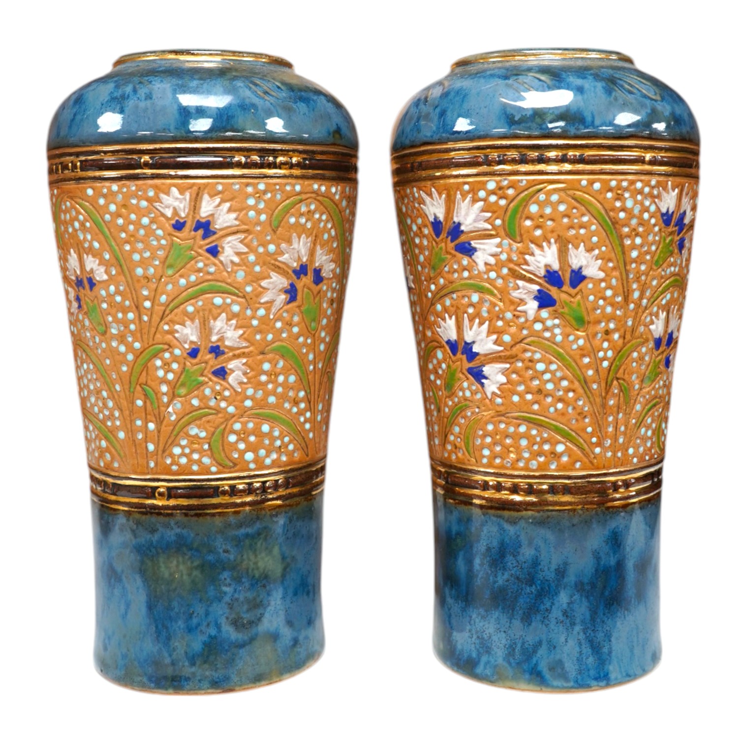 A pair of Royal Doulton Lambeth stoneware vases, 20cm high. Condition - good